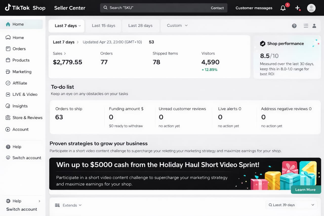 TikTok Shop Seller dashboard screenshot
